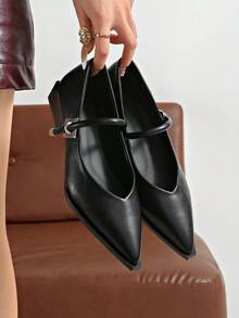 Vintage Chunky Heel Pointed Toe Mary Jane Pumps For Women, New Elegant Commuter French Style High Heels With Strap - Black - View 7