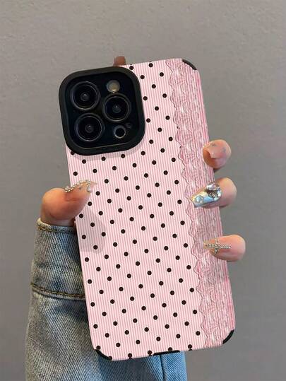 1pc New Polka Dot Pink Lace Pattern Shockproof Phone Case, Essential Daily Protection, Fashionable Style, Perfect Gift For Friends, Family, Etc., Compatible With Iphone17/17Air/17Pro/17ProMax/IPhone16/16Plus/16Pro/16ProMax/IPhone15/15Plus/15Pro/15ProMax/IPhone14/14Plus/14Pro/14ProMax/IPhone13/13Pro/13ProMax/IPhone12/12Pro/12ProMax/IPhone11/IPhone11Pro/11ProMax