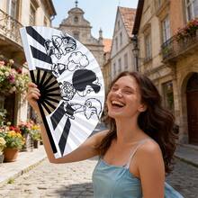 1pc Fashionable Folding Fan, Lightweight And Durable Plastic Material With Classic Black And White Striped Pattern, Summer Cooling Party Music Festival Atmosphere Essential - Multicolor - View 2
