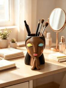 1pc Bohemian Abstract Praying Woman Face Makeup Brush Holder, Resin Makeup Brush Storage Cup, Multi-Functional Pen Holder, Vanity Bathroom Desktop Decor Storage Can, Unique Artistic Home Decor Women Gift - Multicolor - View 3