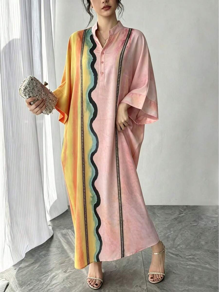 1pc Women's Multi-Color Geometric Line Print Craft Small Stand Collar Single-Breasted Raglan Sleeve Super Loose Long Pullover Casual Dress Elegant Dress Luxury Holiday Evening Party Gown Loose Robe Perfect Vacation Holiday Gift For Mom Daughter Wife Girlfriend - Multicolor - View 1