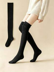 1/4 Pairs Women Solid Vertical Ribbed Knit Thigh High Socks, Casual Slouch Over The Knee Long Socks, Versatile Daily Leg Warmers - Multicolor - View 11