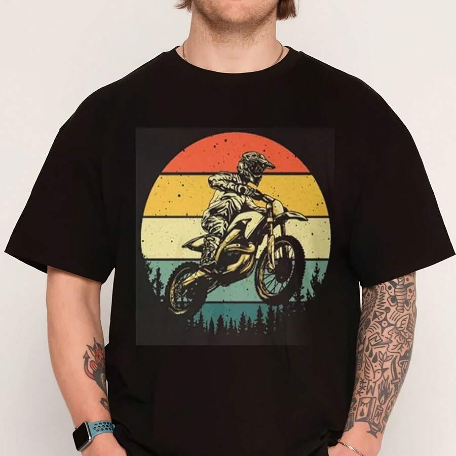 Cool Dirt Bike Art Motocross Vintage Motorcycle T-Shirt 100% Cotton Short Sleeve T-Shirt Casual Men's T-Shirt - Shape - View 1
