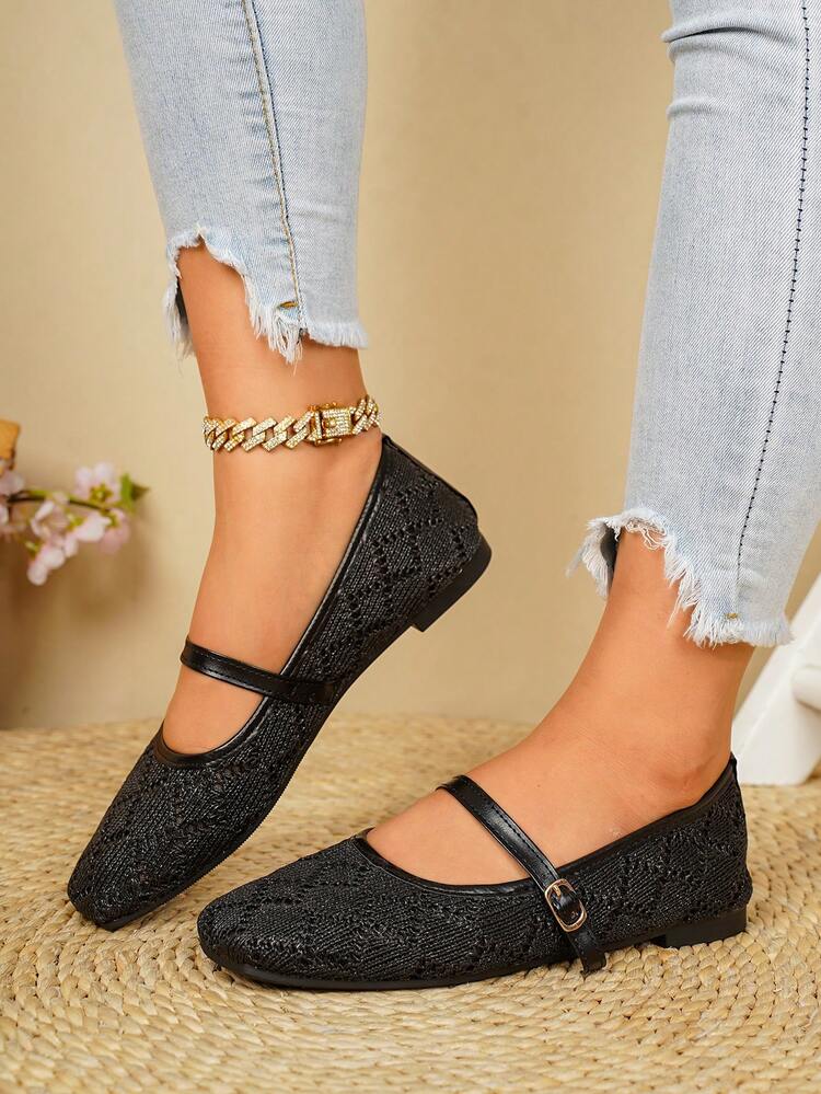 planare New Women's Popular Fashion Minimalist Elegant Solid Color Woven Breathable Mesh Design Slip-On Square Toe Adjustable Strap Buckle Comfortable Secure Flat Black Mary Jane Shoes Cute Shoes Comfortable Women's Shoes Lace Flat Shoes Apartment Women's Apartment Black Flat Shoes Mary Jane Shoes Mules Elegant Women's Shoes - Black - View 8