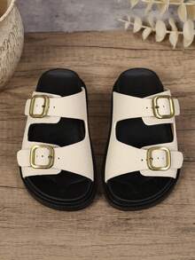 Kids Beige Double Strap Slide Sandals, Summer Boys & Girls Vintage Non-Slip Soft Sole Outdoor Casual Versatile Comfortable Slip-On Slippers - Beige - View 4