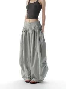 Slouchy Minimalist Design Frill Trim Pleated Drawstring Slimming Curved Leg Versatile Casual Long Pants - Grey - View 2