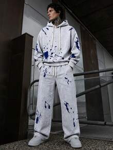 Men's Autumn/Winter Daily American Street Retro Splatter Graffiti Hoodie Set, Home, Office, Outdoor, City, Regular Fit, Casual, Youthful, Minimalist, Campus, Versatile, Textured, Elegant, Personalized, Sports - Light Grey - View 1