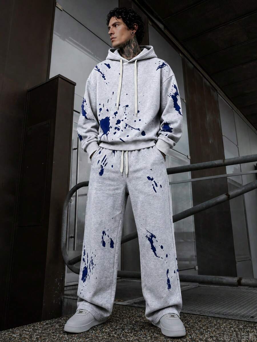 Men's Autumn/Winter Daily American Street Retro Splatter Graffiti Hoodie Set, Home, Office, Outdoor, City, Regular Fit, Casual, Youthful, Minimalist, Campus, Versatile, Textured, Elegant, Personalized, Sports - Light Grey - View 1