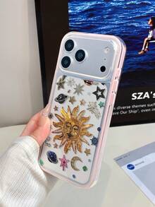 1pc Pink Frame Transparent Minimalist Lens Protection Anti-Fall Anti-Collision Gold Bead Embroidery Sun Pattern Phone Case Personalized Suitable For IPhone 16 Pro Max Phone Case 17/16/15/14/13/12/11 Protective Case Air Suitable For Samsung Series - Multicolor - View 4