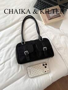 CHAIKA & KILTER 1件裝 素色麂皮布料女款時尚單肩包 多口袋大容量波士頓保齡球包 拉鍊開合 適合日常與外出使用（附吊飾） - 黑色 - 查看 4