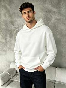 Men Classic Solid Color Hooded Sweatshirt Loose Fit Kangaroo Pocket Long Sleeve Hoodie Daily Basic Streetwear Pullover - White - View 3