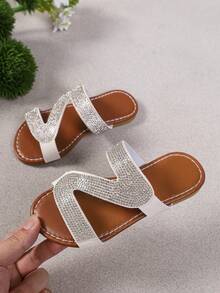Little Girls' Sparkling Rhinestone Slides, Fashion Flat Sandals, Open-Toe Slip-On Casual Flats, Ideal For Daily Wear, Beach And Vacation - White - View 2