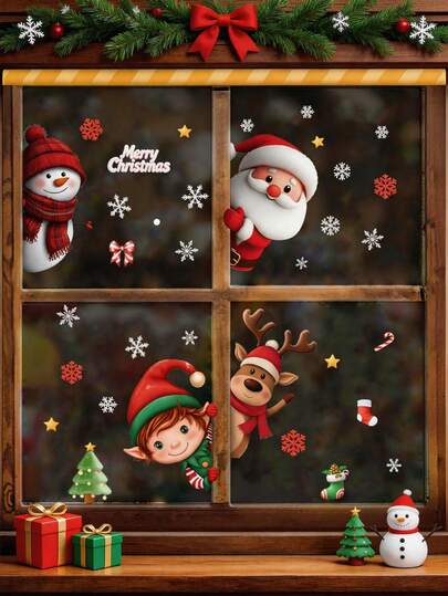 4 tấm dán trang trí cửa sổ Giáng Sinh dễ thương hình người tuyết, ông già Noel, yêu tinh và tuần lộc, decal dán kính cửa sổ trang trí Giáng Sinh, nhãn dán trang trí ông già Noel cho tiệc Giáng Sinh