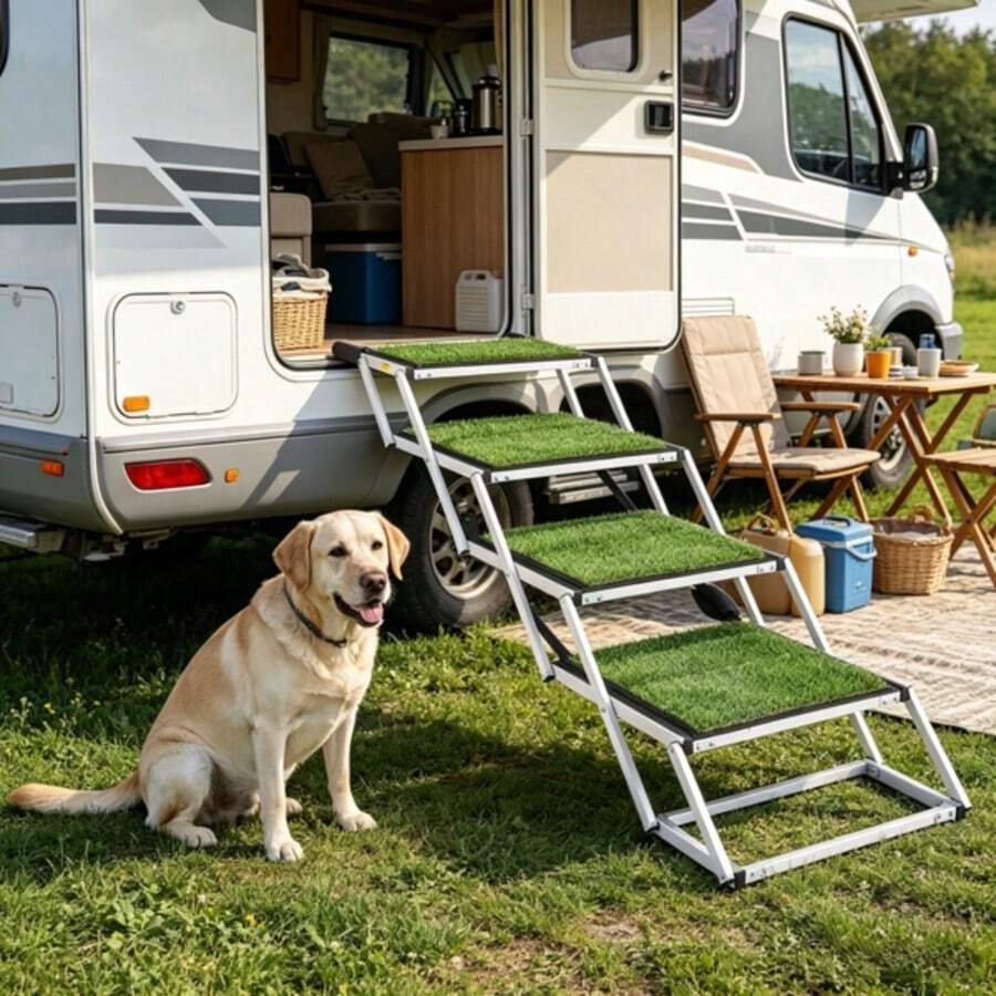 Foldable Aluminum Dog Car Stairs, 4-Tier Artificial Grass Pet Steps, Portable Non-Slip Dog Ladder For SUV, RV, Vehicle, Bed, Suitable For Medium Large Senior Dogs - one-size - View 1