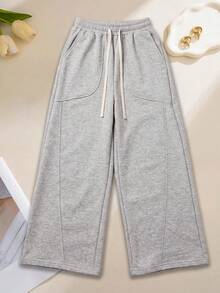 Celana Jogging Lebar dengan Tali Serut, Celana Kasual Wanita Longgar Model Lurus, Celana Jogging Longgar untuk Semua Musim - Grey - View 4