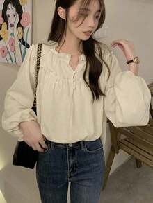 Square Neck Single-Breasted Lantern Sleeve Blouse Tops - Apricot - View 6