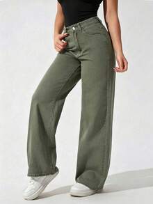 Apricot Color Straight Leg Casual Jeans For Teenage Girls - Army Green - View 5