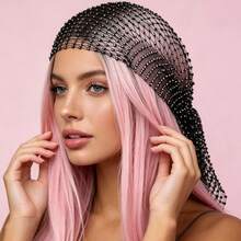 Women Rhinestone Fishnet Full Head Cover, Sparkly Crystal Mesh Head Wrap, Elegant See-Through Headpiece For Wedding Party & Photoshoot - Silver - View 5