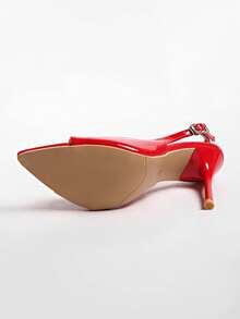 Red Pointed Toe Stiletto High Heels Women 2026 Spring New Style Low Vamp Rhinestone Buckle Backless Sexy Pumps - Red - View 8