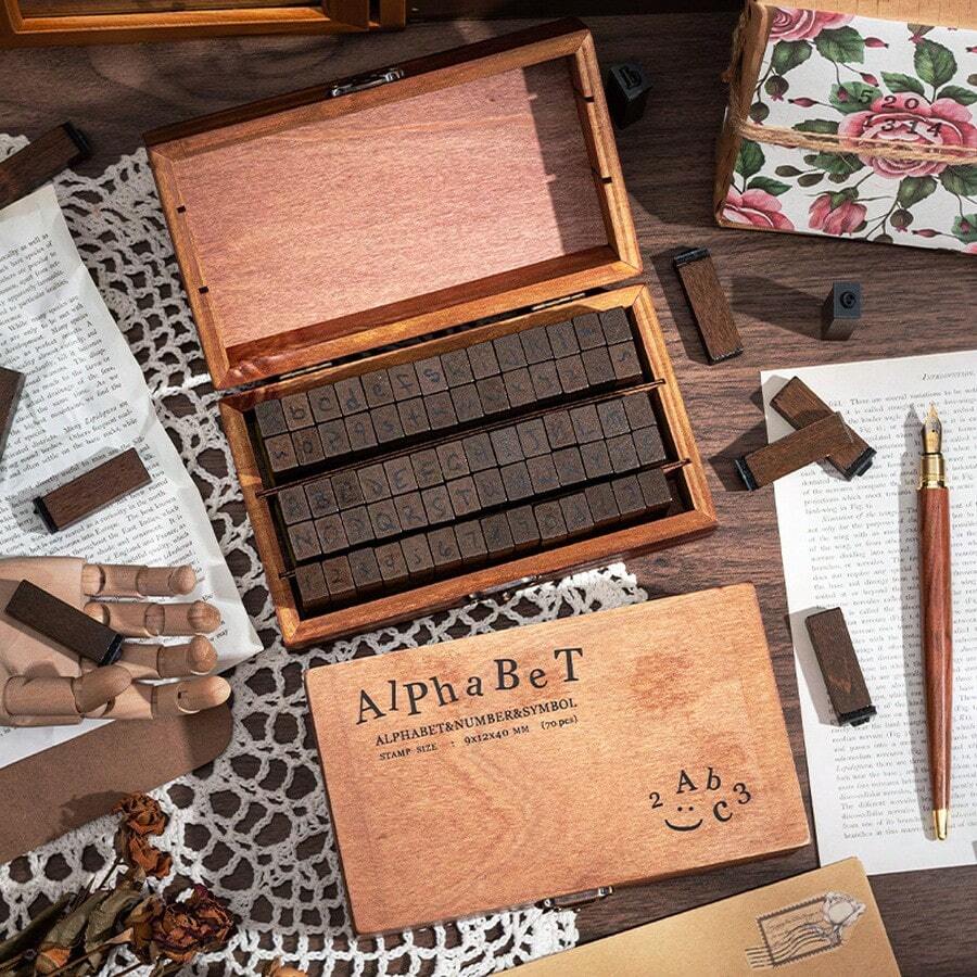 70pcs Vintage Letter And Number Wooden Box Stamp Set, Includes Uppercase And Lowercase Letters, Regular And Cursive Fonts, Suitable For Cross-Border Journaling