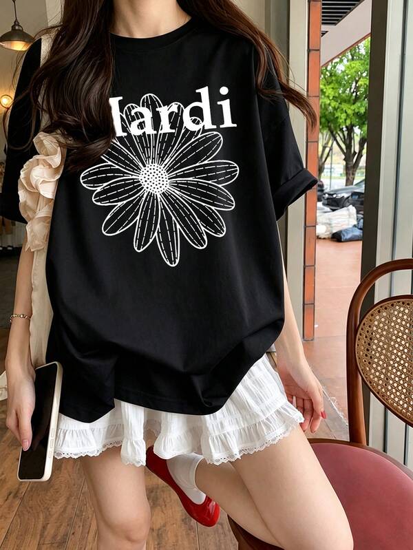 綿100％クルーネックプリント半袖Tシャツ、女性用新作夏服、スタイリッシュなゆったりカジュアルトップス