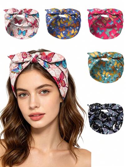 5pcs Women's Hairband, With Butterfly Pattern And Elastic Knot Design. Suitable For Daily Use, Yoga, Sports And Outdoor Activities.