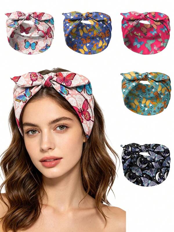 5pcs Women's Hairband, With Butterfly Pattern And Elastic Knot Design. Suitable For Daily Use, Yoga, Sports And Outdoor Activities.