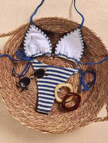 Casual Fashion Women's Bikini Set, Blue And White Striped Halter Top With Tie-Side Swim Bottoms, Backless Design, High Elastic Fabric, Creating Elegant Swimwear Look - Blue and White - View 4