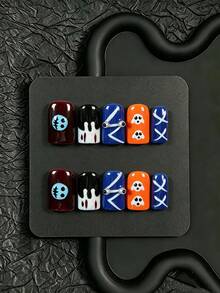 10pcs Handmade Press-On Nail Art Fake Nails, European Short Square Halloween Eve Colorblock Quirky Halloween Style, Multi-Color Base With Hand-Painted Stitch Doll Face, Dripping Blood Stains, 3D Moving Eyeballs, White Ghost And White Cross Lines, Fun Thriller Atmosphere, Suitable For Halloween Party, Holiday Outing, Daily Wear, Includes Full Set Of Nail Art Tools, Exclusive Gift For Girls - Multicolor - View 13