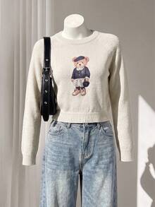 Women's Autumn Short Knit Sweater, Cute Bear Print, Long Sleeve Ribbed Knit Pullover, - Multicolor - View 5