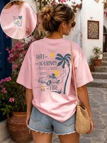 Camiseta Rosa de Manga Curta com Gola Redonda, Estampa de Palmeira e Viagem de Carro na Frente e nas Costas, Plus Size Feminina, Elasticidade Média, Solta, Casual para Verão, Praia e Férias - Rosa chiclete - Visão 5