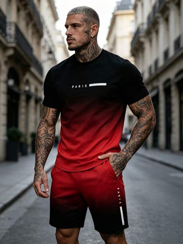 2 piezas Conjunto de camiseta y pantalones cortos con degradado de color para hombres, camiseta de cuello redondo de manga corta con estampado "PARÍS" combinada con pantalones cortos con bolsillo con cordón, conjunto casual y elegante, adecuado para uso al aire libre en verano, 100% poliéster