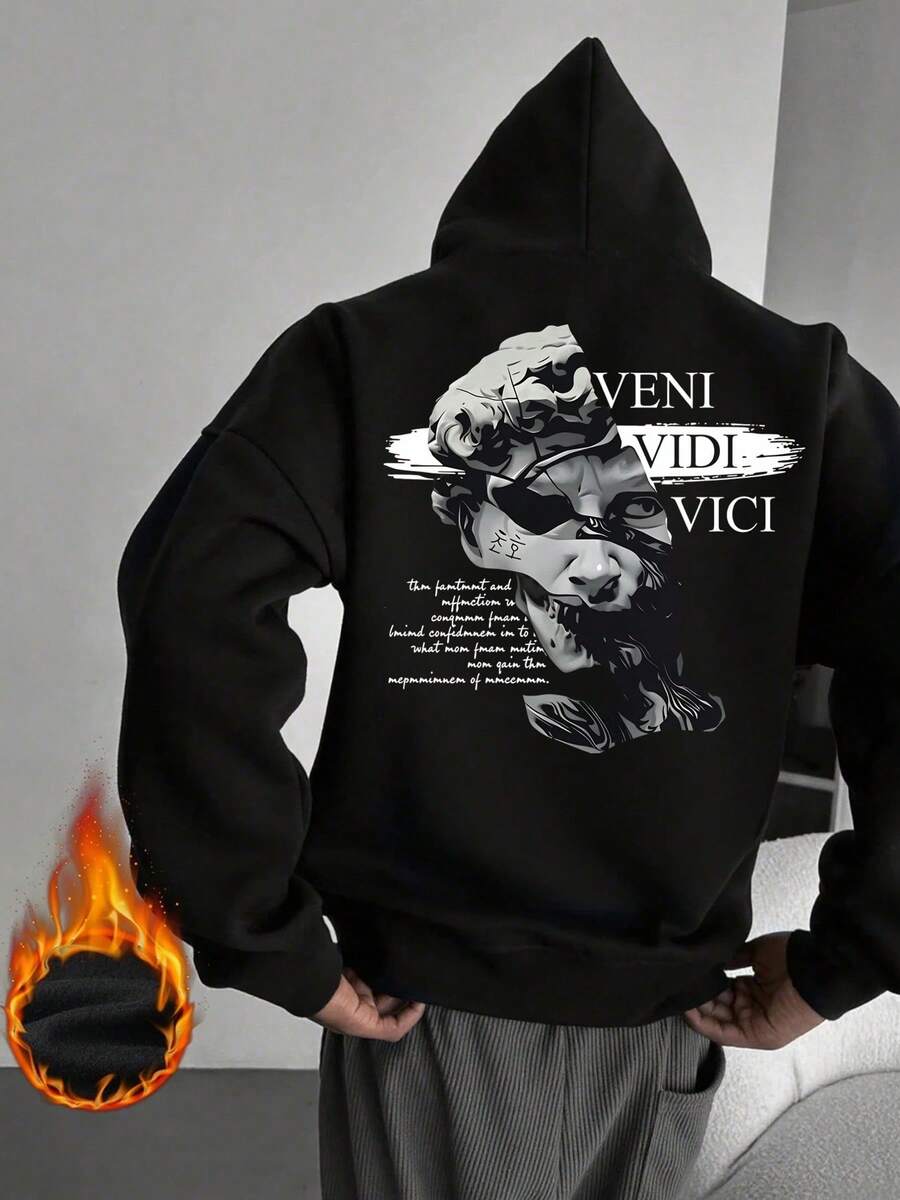 Plus Size YUNTUO Dark Broken Plaster Bust VENI VIDI VICI Caesar Quote Latin Text Print Thermal Lined Pullover Sweatshirt Couple Style Wide Shoulder Thickened Cold-Proof Relaxed High Street Loose Pullover Sweatshirt - Black - View 1