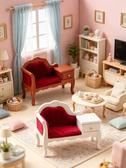 1pc 9.5cm Miniature Luxury Vintage Chaise Lounge Dollhouse Furniture, With Soft Burgundy Velvet Cushion And Integrated Side Table Sofa, European Retro Carved Light Luxury Dollhouse Decor, Suitable For Adult Women Mini Light Luxury Interior Scene, Valentine's Day, Vintage Theme Anniversary, All Season High-End Soft Furnishing