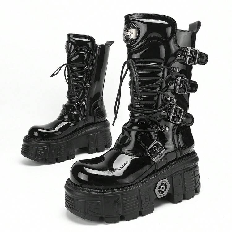 European And American Dark Punk Flame Thick Sole Boots Women Gothic Style Metal Tank Sole Platform Mid-Calf Motorcycle Boots - Black 2 - View 4
