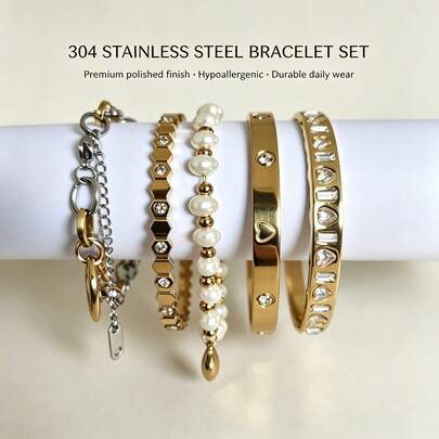 Women's Gold Stainless Steel Layered Bracelet, Heart Zirconia Pearl Chain Bangle, Fashion Jewelry Suitable For Daily Commute And Party Wear
