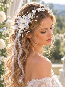 KOVLYNE 1pc Elegant White Floral Bridal Hair Accessory With Bow, Rhinestones And Faux Pearls, Suitable For Bride, Bridesmaid, Prom And Formal Occasions - Silver - View 7