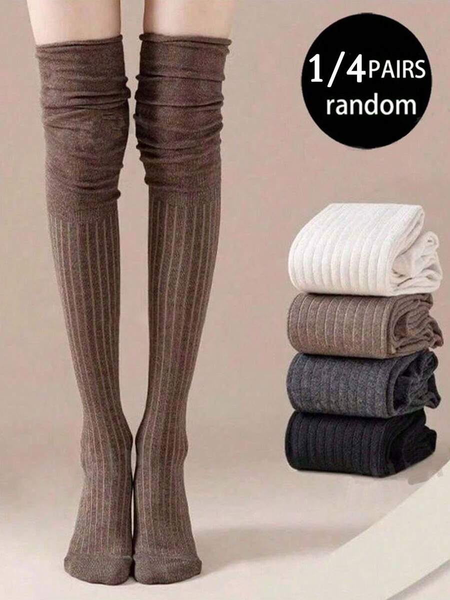 1/4 Pairs Women Solid Vertical Ribbed Knit Thigh High Socks, Casual Slouch Over The Knee Long Socks, Versatile Daily Leg Warmers - Multicolor - View 1