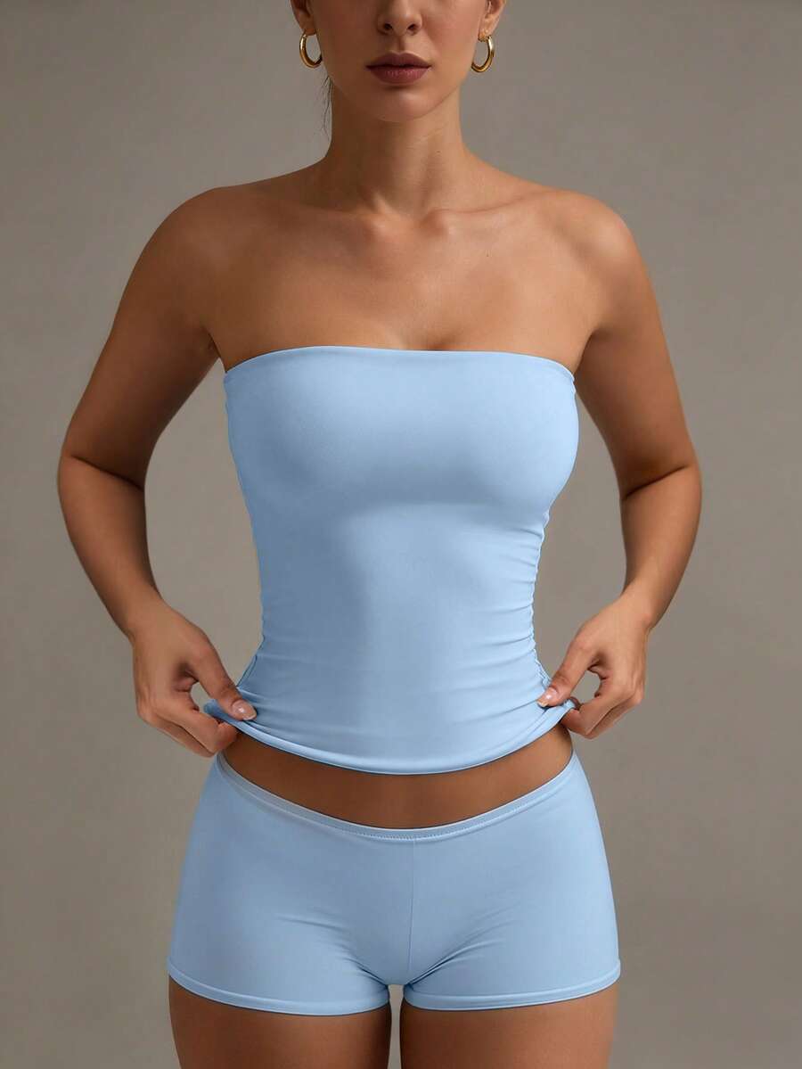 XLLAIS Sexy Strapless Basic Camisole, Fashionable Solid Color Stretchy Fitted Light Blue Bandeau Top, Suitable For All Seasons Casual Summer - Sky Blue - View 1