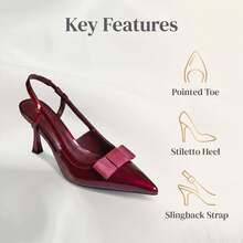 Women's Burgundy Patent Slingback Heels, Pointed Toe Grosgrain Ribbon Bow Accent, Flared High Heel Pumps For Special Occasions - Bordeaux - View 7