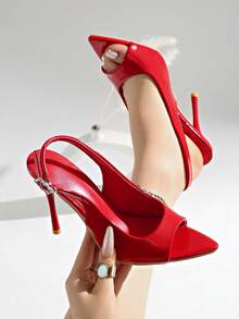 Red Pointed Toe Stiletto High Heels Women 2026 Spring New Style Low Vamp Rhinestone Buckle Backless Sexy Pumps - Red - View 9