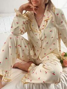 Women's Ruffle Trim Playful Elegant Loungewear Set, Cherry Striped Print Long Sleeve Pants Contrast Color Pajama Set - Gold - View 3
