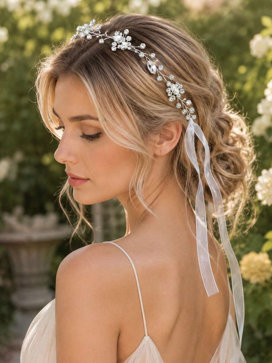 KOVLYNE 1pc Women's Silver Crystal Bridal Hair Accessory (With Ribbon), Rhinestone Wedding Headpiece, Bohemian Style Bridal Headband, Suitable For Bride, Bridesmaid And Prom Hair Accessory - Silver - View 1