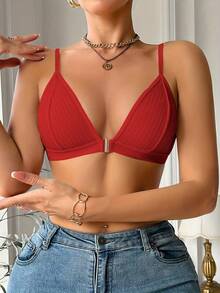女款條紋性感前扣舒適無鋼圈內衣 - 紅色 - 查看 4