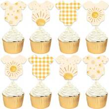 Sun  Cupcake Toppers Boho Neutral Baby Shower Yellow Gingham Decor 24 Styles Double-Sided Yellow Sun Gingham Baby  Cupcake Toppers, Boho Neutral Little Sunshine Baby Shower Dessert Decor - As Pic - View 8
