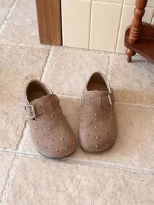 Children's Matte Rhinestone Casual Loafers, Girls' Metal Buckle Soft Sole Retro Slip-On Shoes - Khaki - View 4