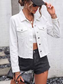 Women's Classic Long Sleeve Turn Collar Denim Jacket, Traceable Cotton, Autumn Casual - White - View 4