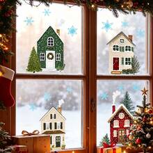 4pcs/Set Christmas Window Clings Winter Village Static Glass Stickers Reusable Double Sided Christmas Cottage Snowflake Decals For Holiday Party Home Office Decor Xmas Glass Stickers - Multicolor - View 9