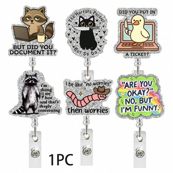 1PC Cute Raccoon Humorous Quote Acrylic Retractable Rotating Badge Reel For Healthcare, Veterinarian ID Card Holder