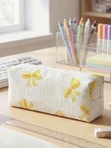 1pc Pencil Case, Stationery Storage Bag, Corduroy Material Bowknot Print Large Capacity Pencil Case For Teenagers, Multi-Function, First Day Of School - Multicolor - View 10